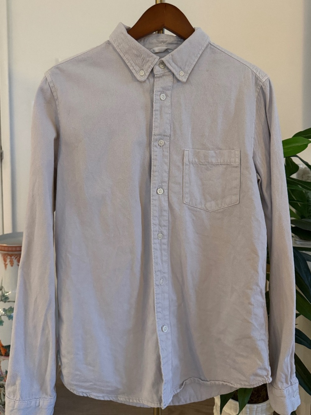 Zara Washed Oxford Button-Down Shirt | Cream / Light Grey | Small